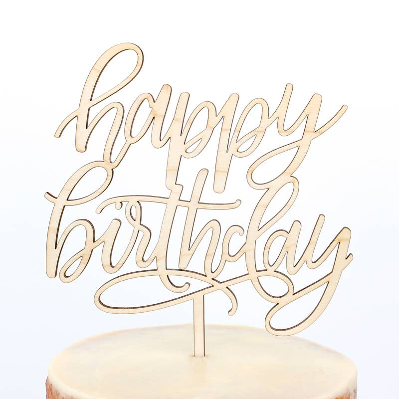Happy Birthday Script Maple Wood Cake Topper-The Cake Boutique