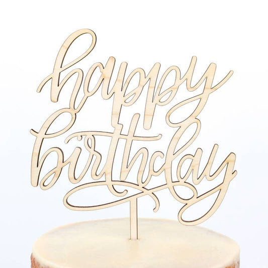 Happy Birthday Script Maple Wood Cake Topper-The Cake Boutique