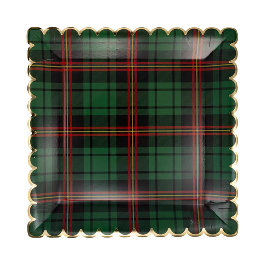 Green Christmas Plaid Square Scalloped Plate